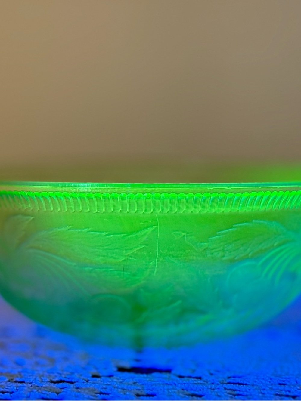 Green uranium glass bowl with cherry pattern